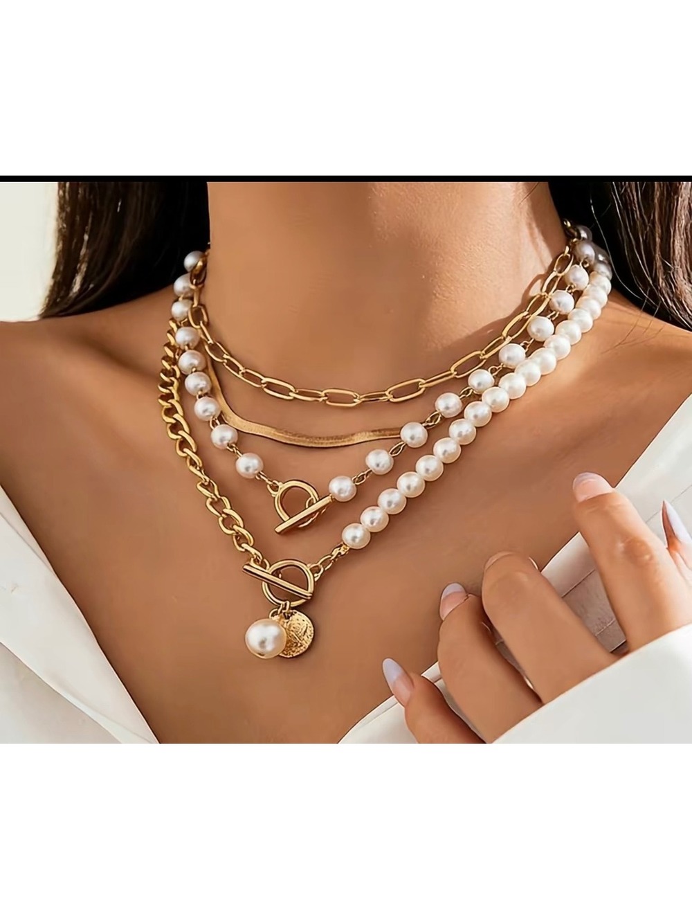 Gold Multi-Layer Pearl & Chain Necklace | Toggle Clasp Choker by Cherrybetty